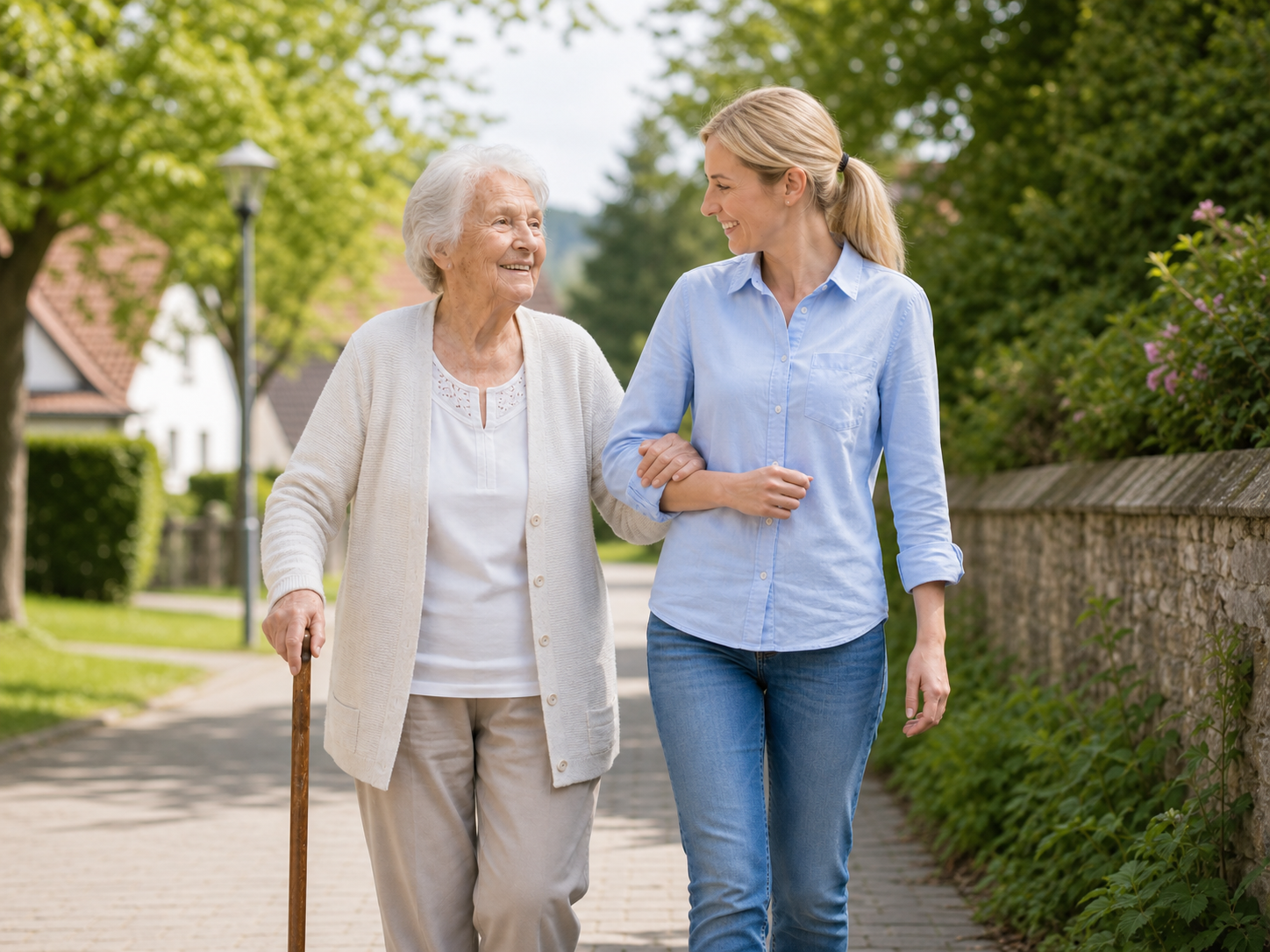Eine Betreuungsperson begleitet eine Seniorin bei einem Spaziergang.